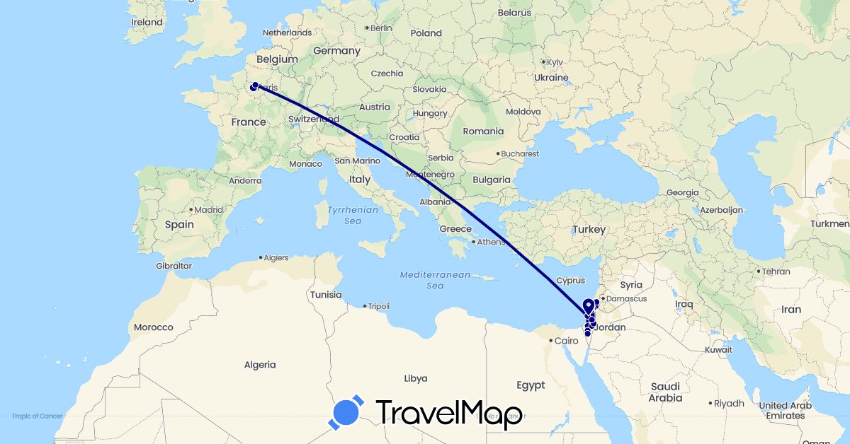 TravelMap itinerary: driving in France, Israel (Asia, Europe)